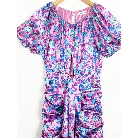 For Love & Lemons Tahiti Ruched Mini Dress Small Purple Floral Satin Cottagecore - Picture 9 of 14